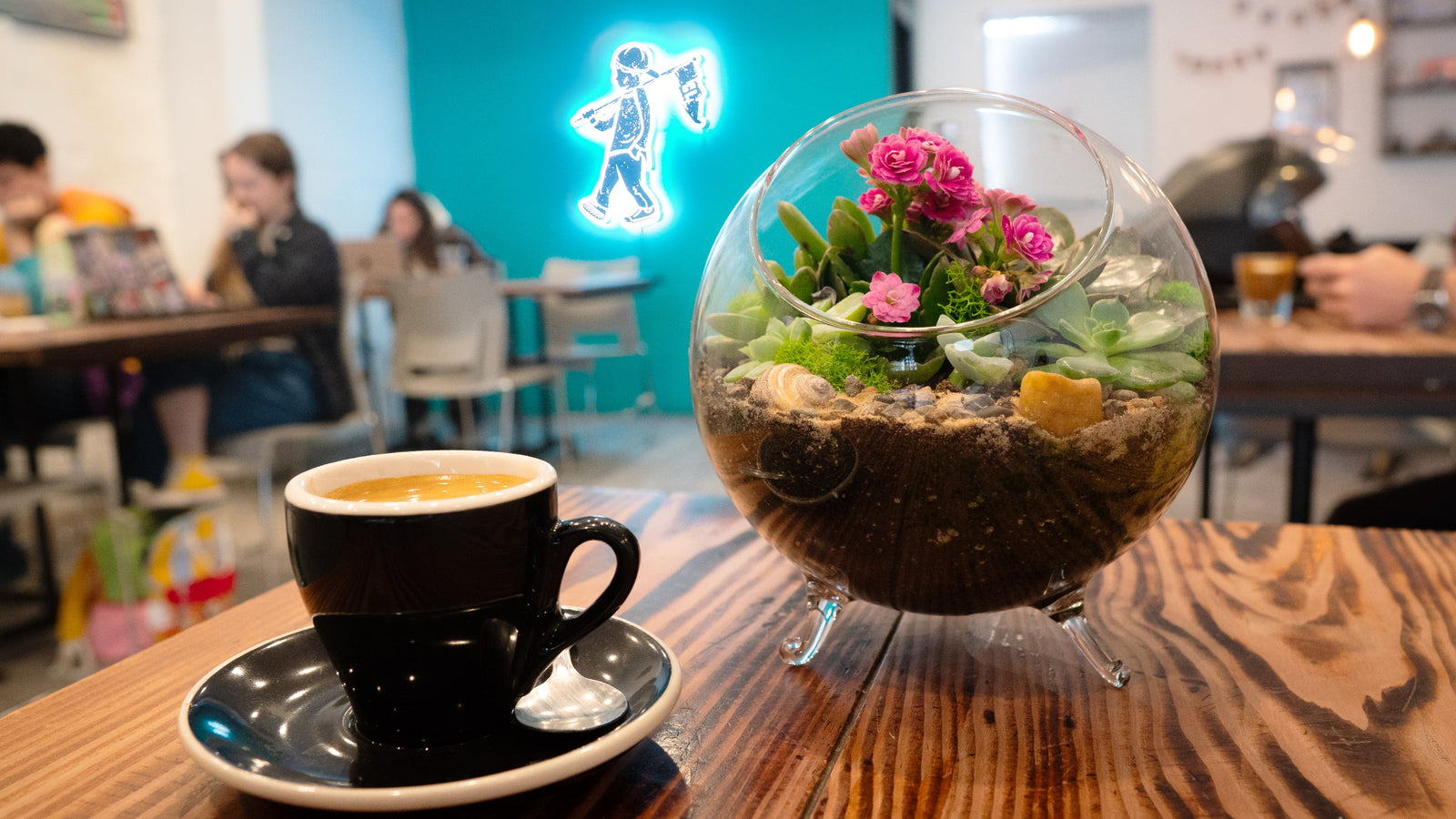 Glass globe terrarium and coffee at City League